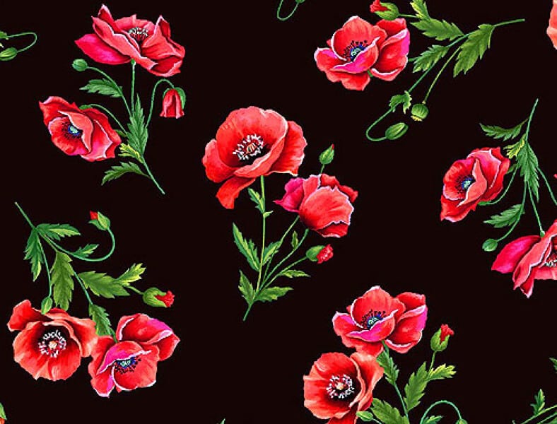 Black fabric with red poppy floral print