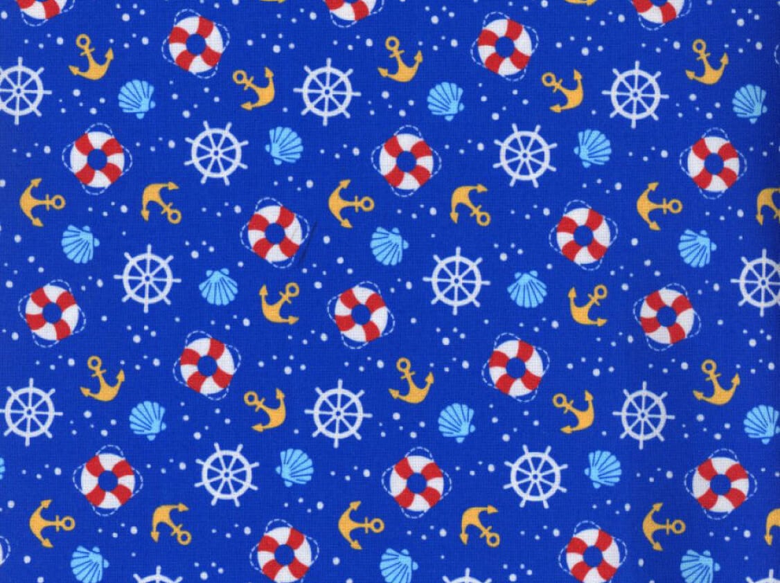 Blue cotton fabric with nautical anchor and lifesaver pattern