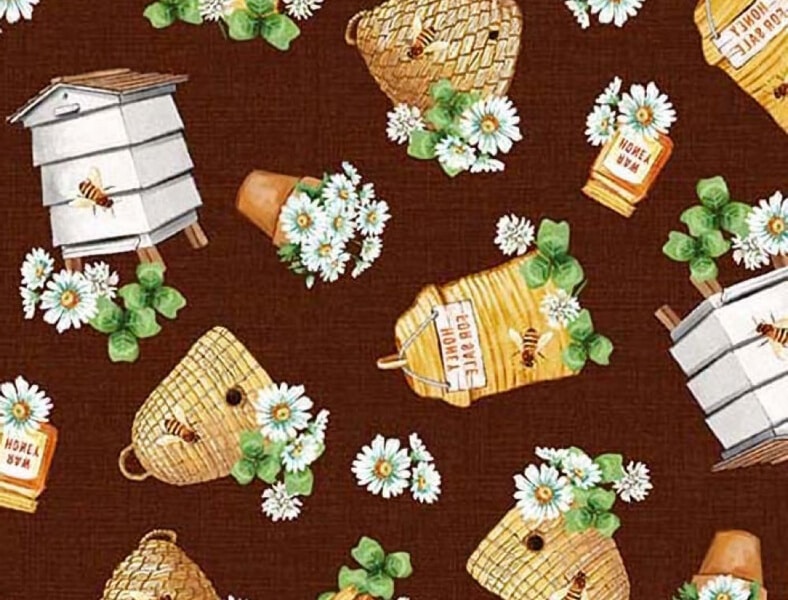 Brown fabric with beehive and daisy flower print