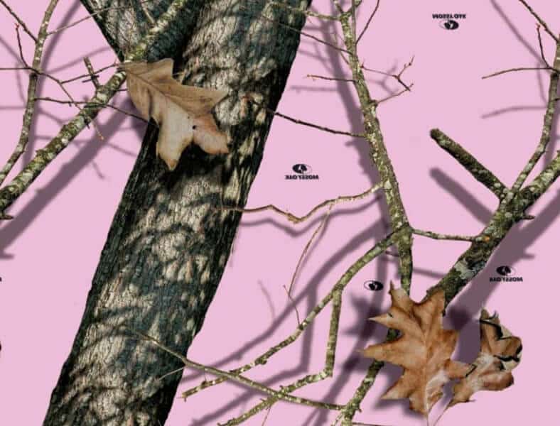 Pink camo 60-inch wide fabric featuring Mossy Oak tree-branch pattern.