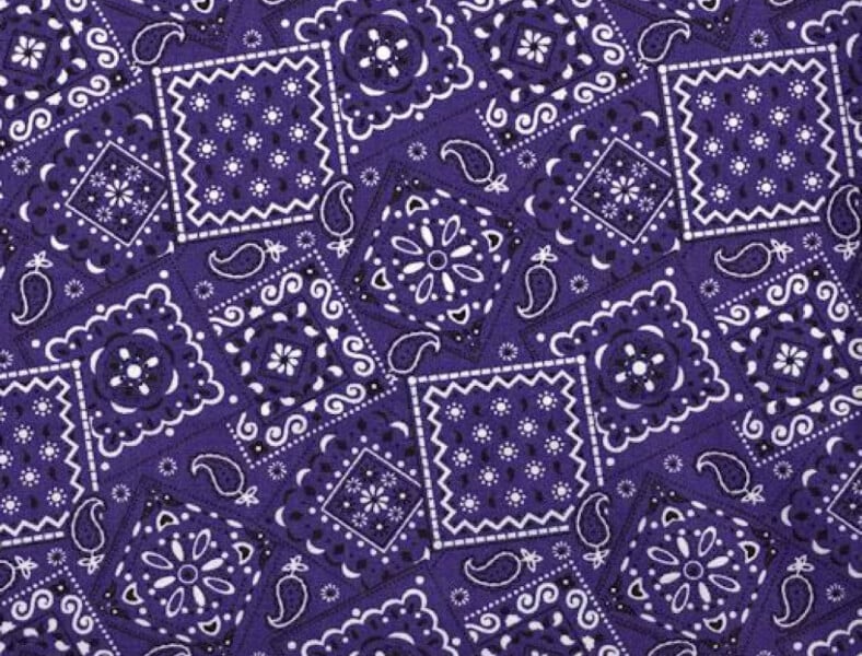 Deep purple bandana print cotton fabric with paisley and square medallions.
