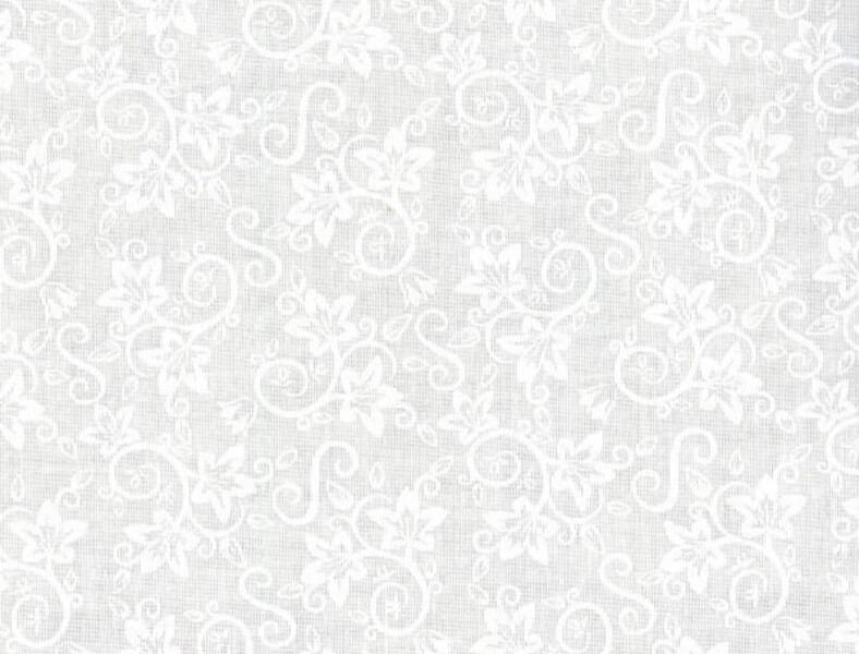 White-on-white swirling vine and leaf tonal cotton blender fabric.