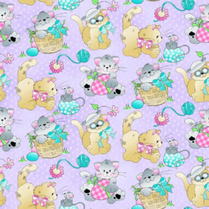 45" Cotton Prints Cats And Eggs on Purple