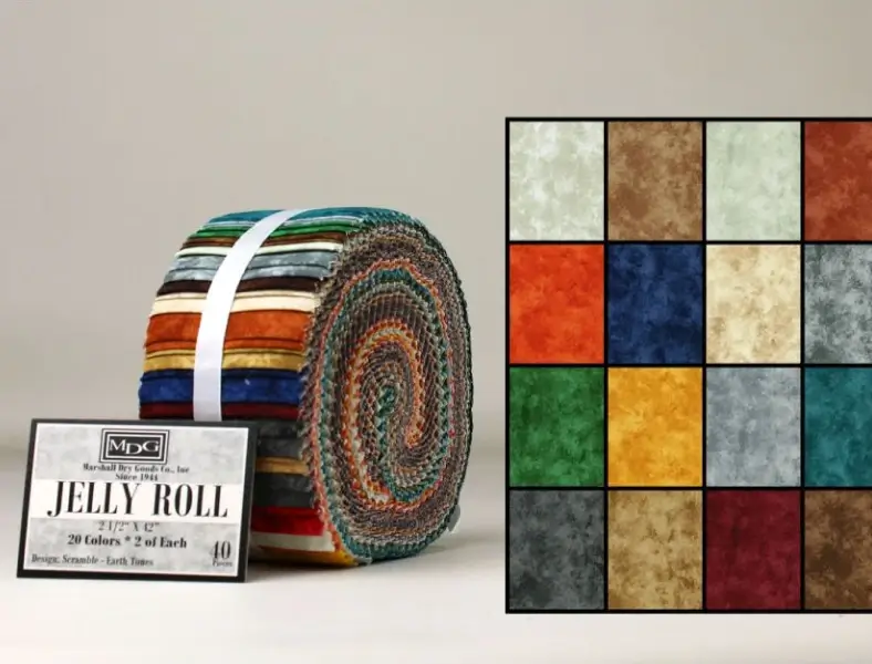 A jelly roll fabric bundle from Marshall Dry Goods Co. containing 40 strips in earth tone colors, displayed beside a grid showing the 20 color variations including orange, blue, green, teal, red, and neutral shades