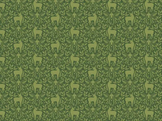 Green tone-on-tone deer and foliage print quilting fabric by the yard.