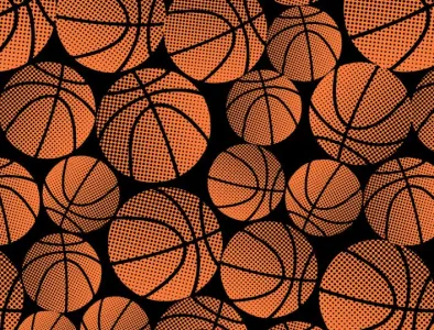 Orange and black basketball print fabric on dark background for sports quilts.